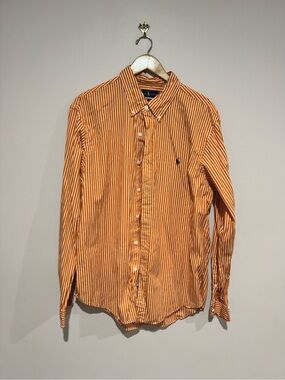 Ralph Lauren Men's Orange White Striped Cotton Button Up Shirt Slim Fit